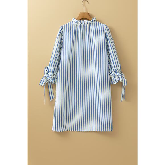 Sky Blue Stripe Knotted Bracelet Sleeve Notched Mini Dress - Size US 16-18 - Picture 5 of 9